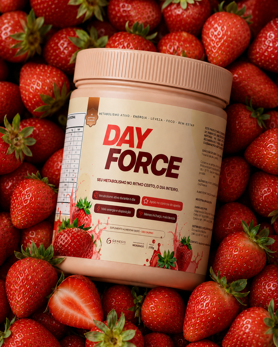 Pote de Day Force em meio a morangos frescos