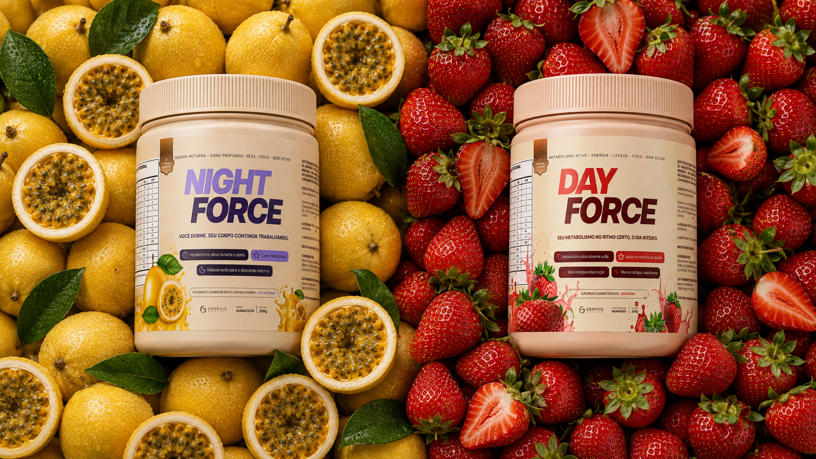 Potes de Day Force e Night Force com morangos e maracujás